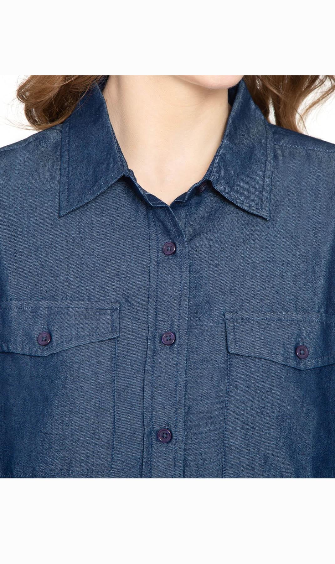 Women's Classic Denim Shirt - Crisp and Tailored for the Urban Cowgir - DARK WASH - Closeup -l TURTLE BAY APPAREL