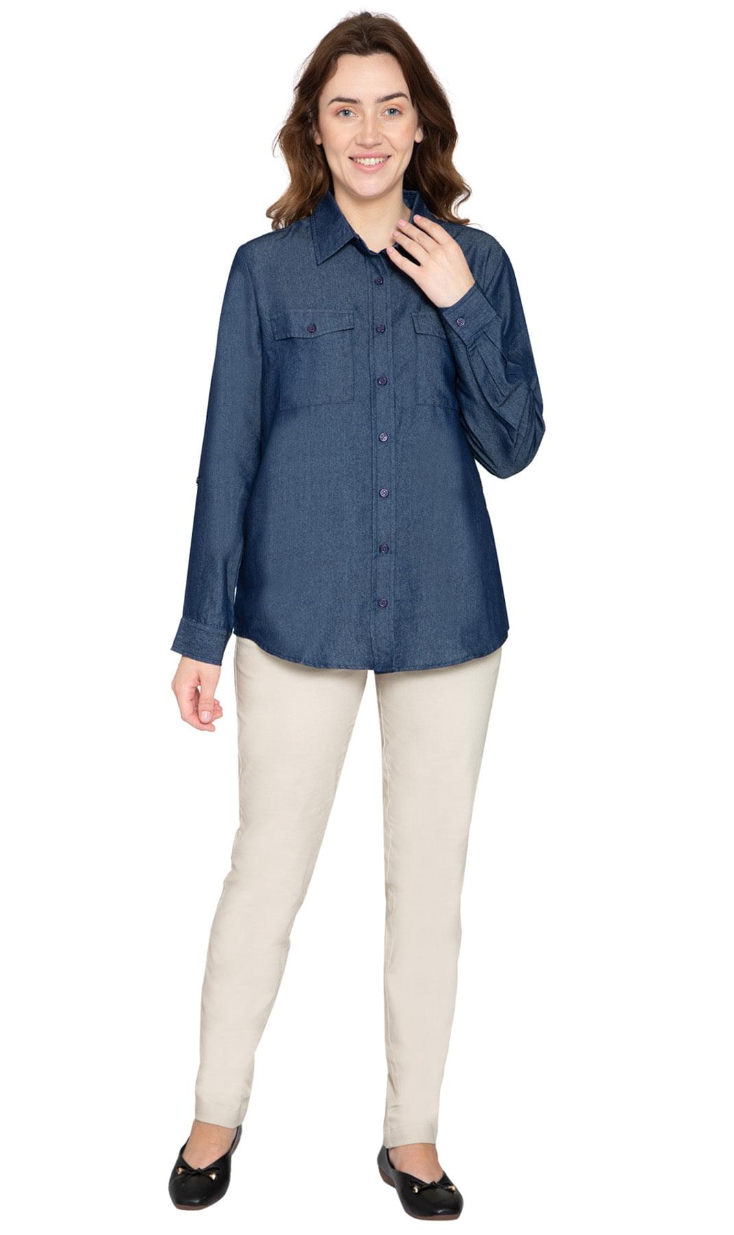 Women's Classic Denim Shirt - Crisp and Tailored for the Urban Cowgirl - DARK WASH - Full - TURTLE BAY APPAREL