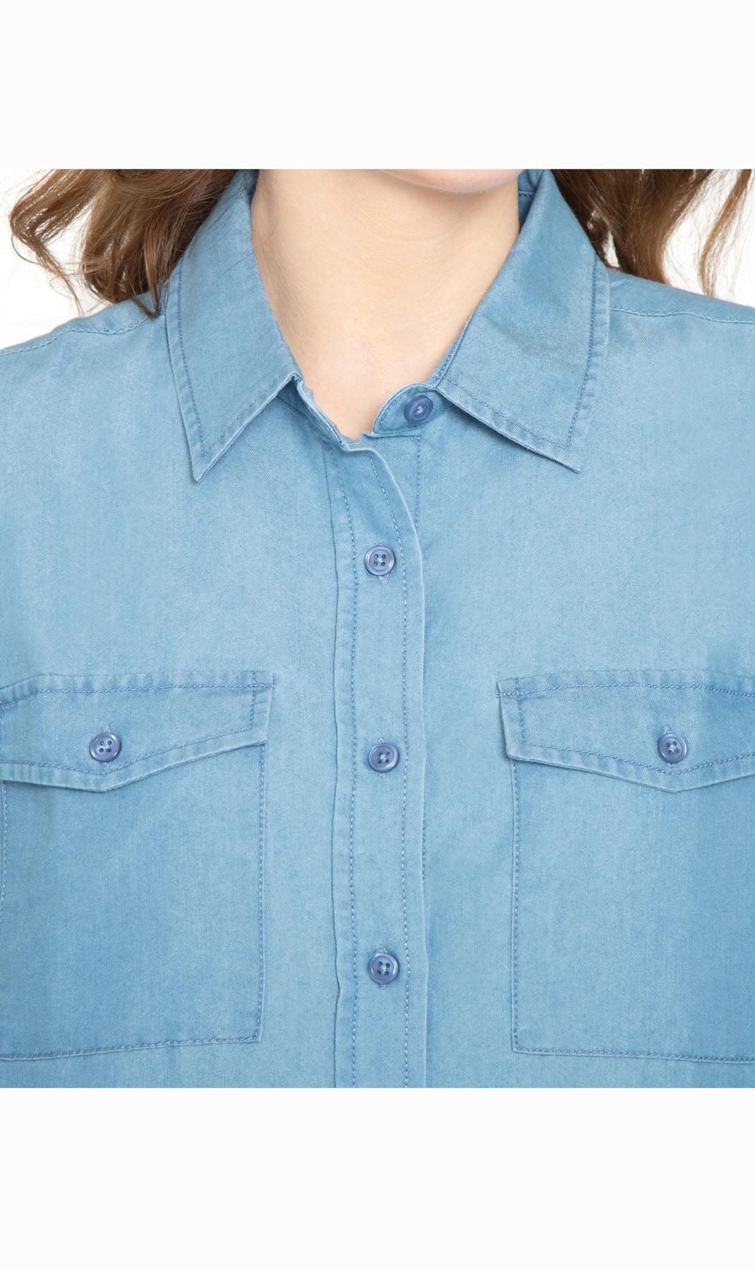 Women's Classic Denim Shirt - Crisp and Tailored for the Urban Cowgirl - LIGHT WASH - Close up - TURTLE BAY APPAREL