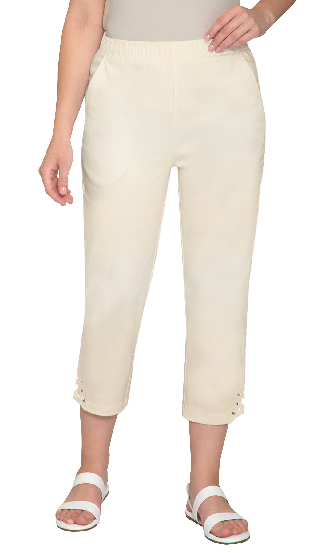 Women's Capris with Studded Hem Detail in Tri-Blend Denim and Twill with Angled side Pockets Stone