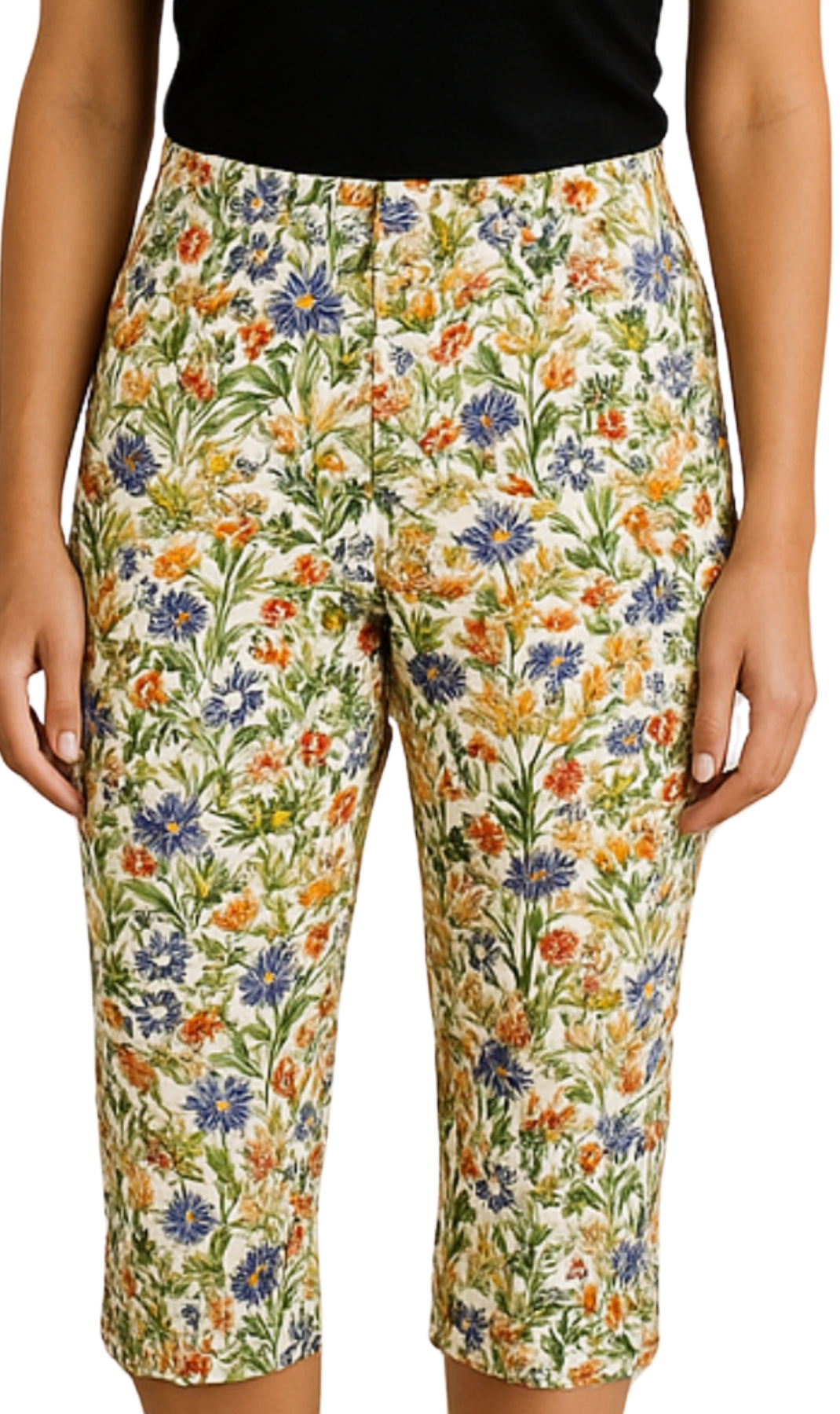 Floral patterned capri pants worn by a person front