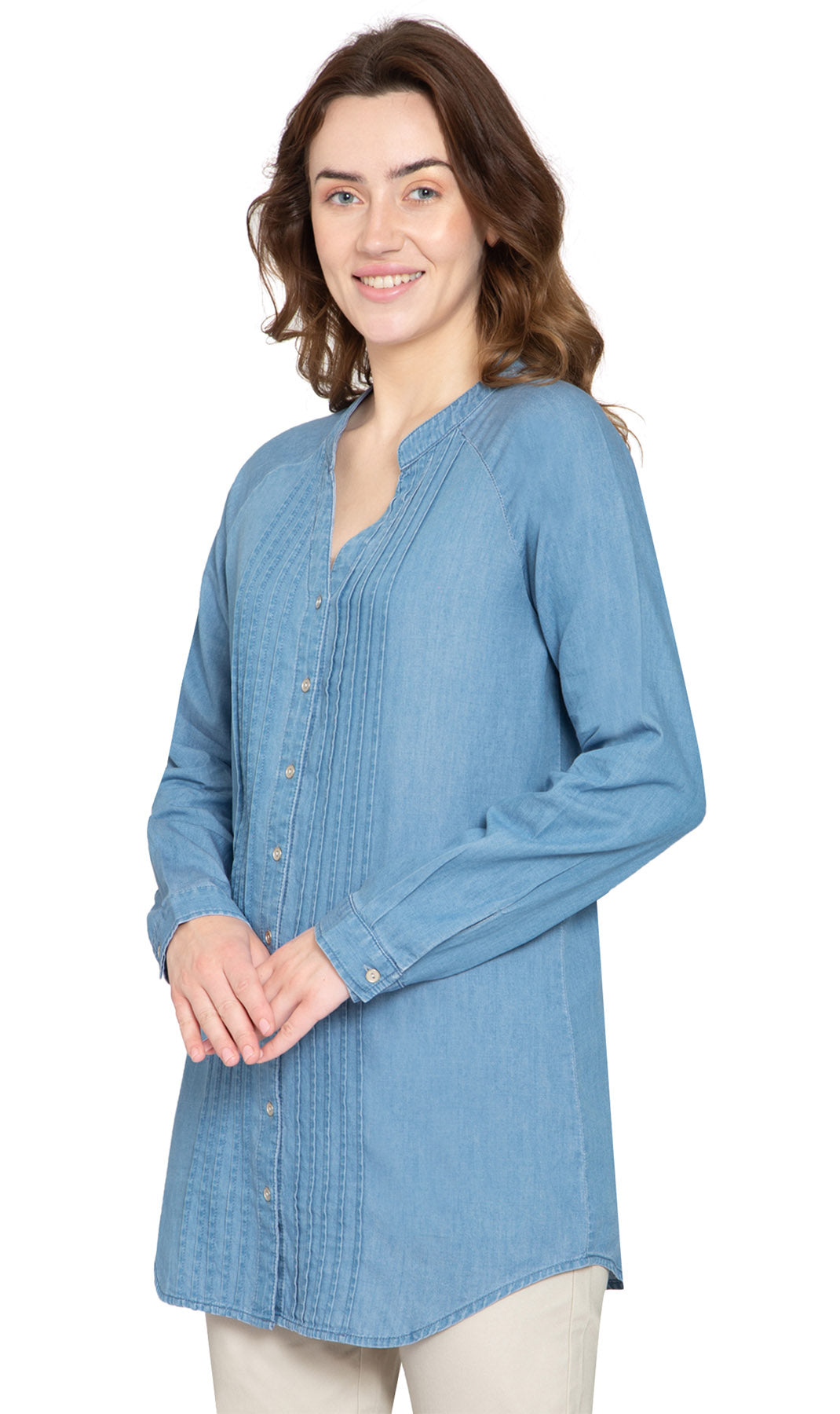 Women's Denim Pintuck Button-Front Tunic Top LIGHTWASH