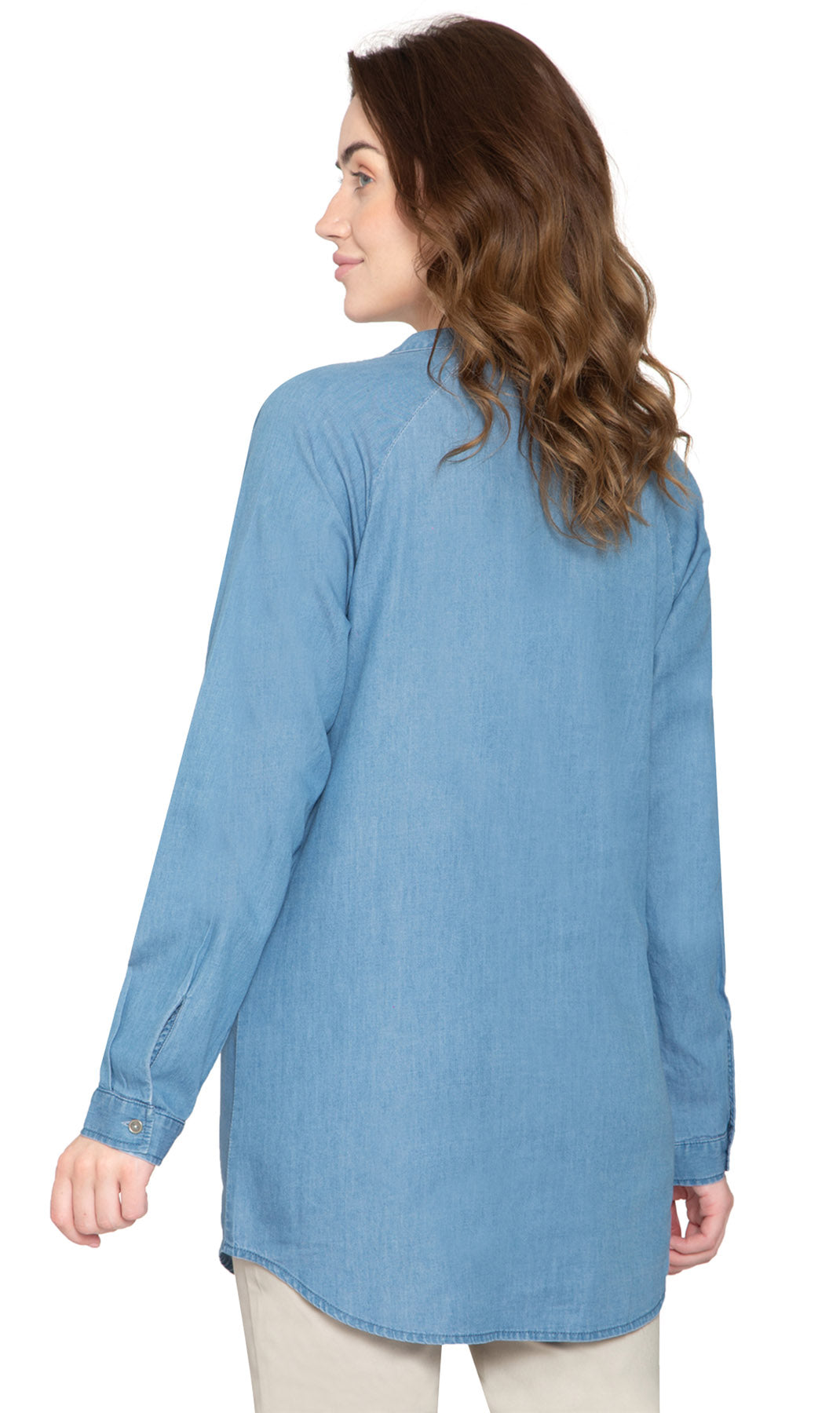 Women's Denim Pintuck Button-Front Tunic Top LIGHTWASH