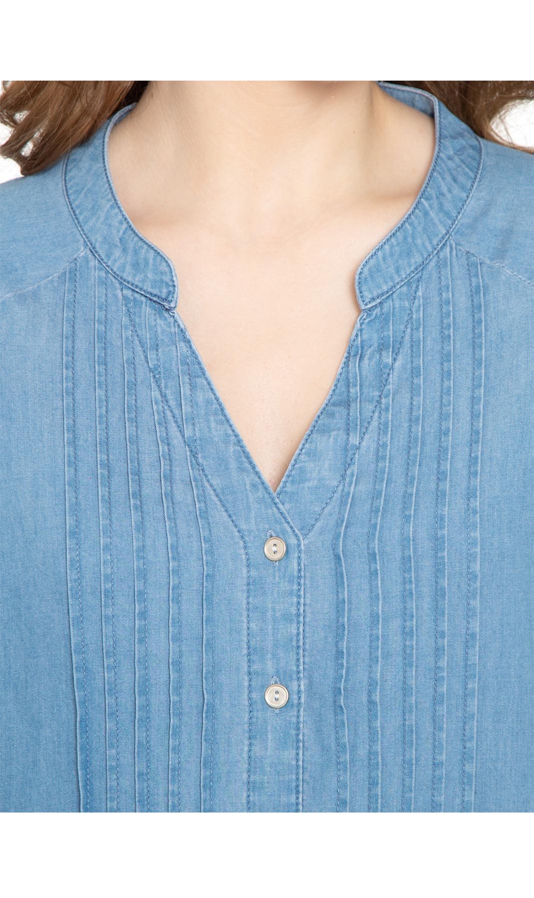 Women's Denim Pintuck Button-Front Tunic Top LIGHTWASH 