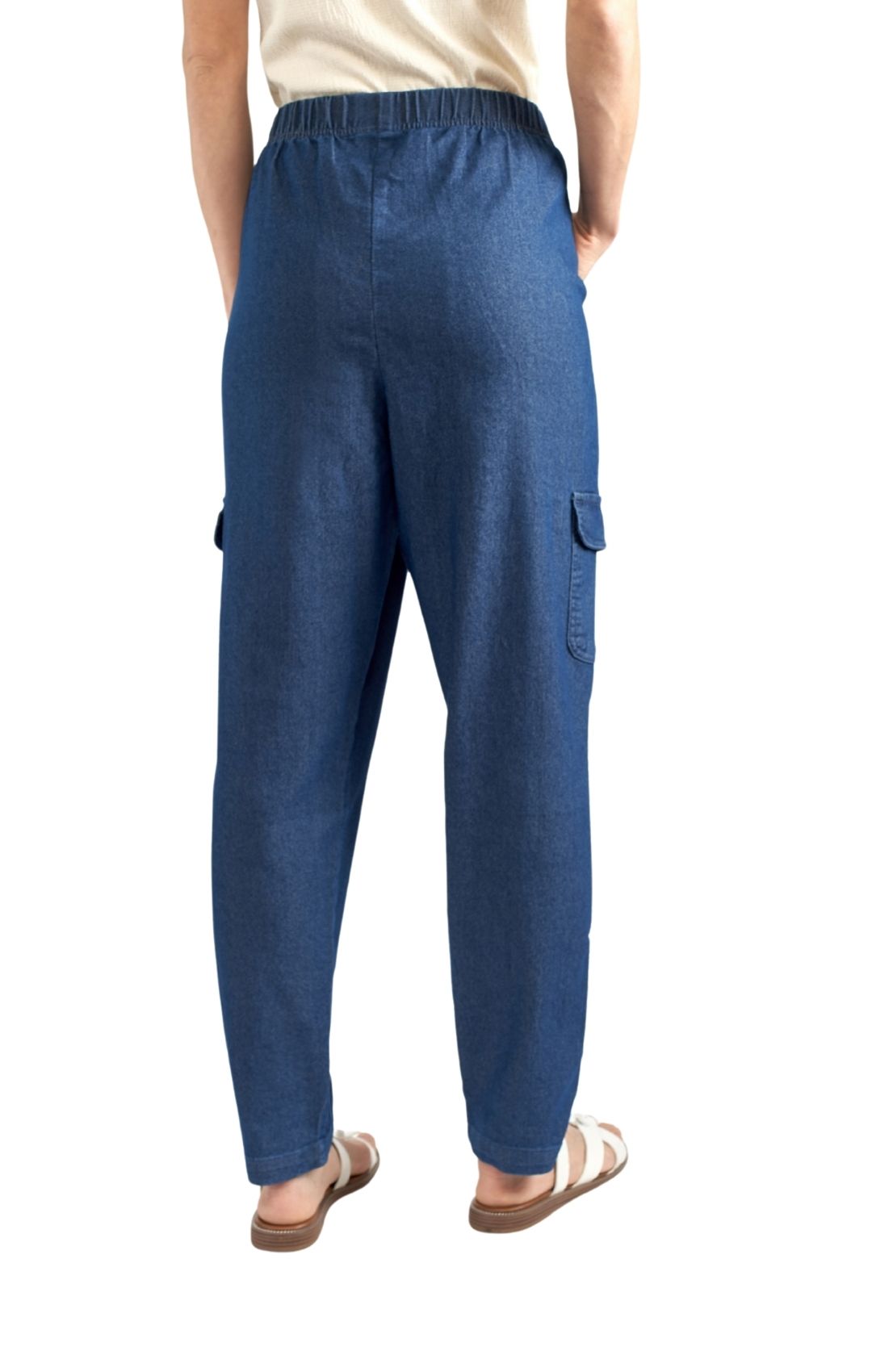 Women's Elastic Stretch Waist Casual Denim Pull-on Cargo Pants Med Blue back