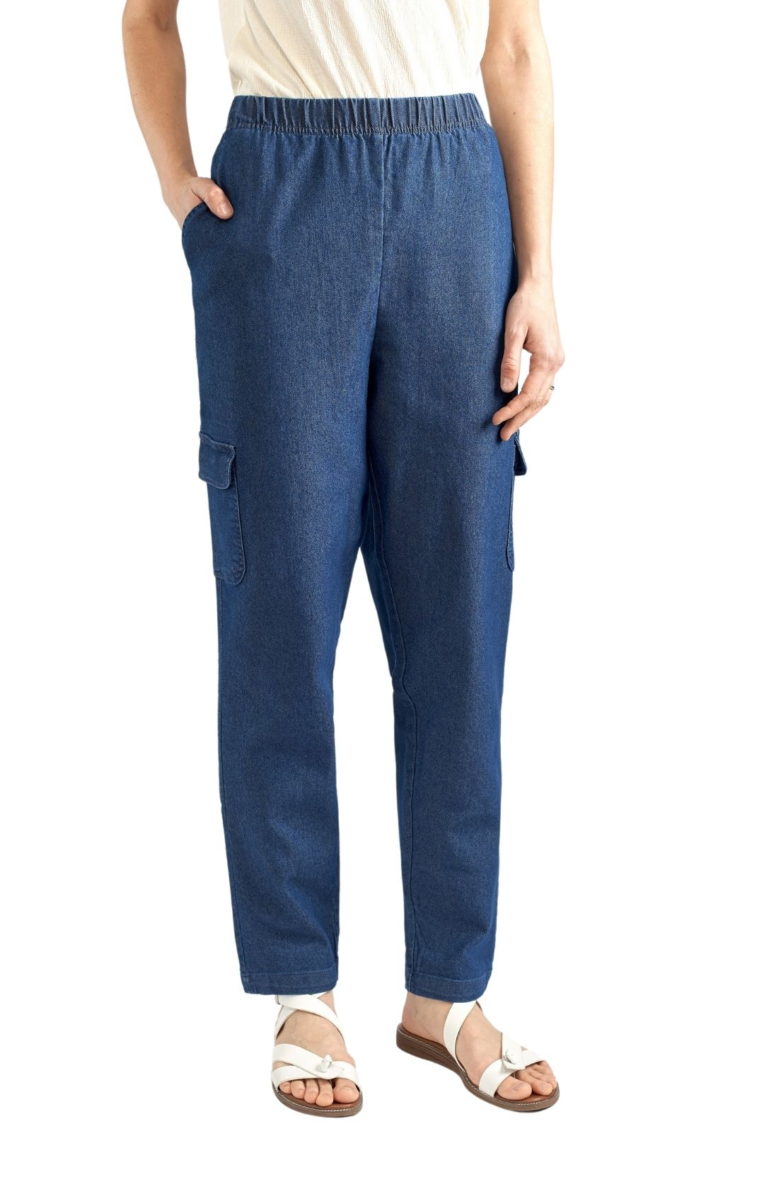 Women's Elastic Stretch Waist Casual Denim Pull-on Cargo Pants Med Blue Front