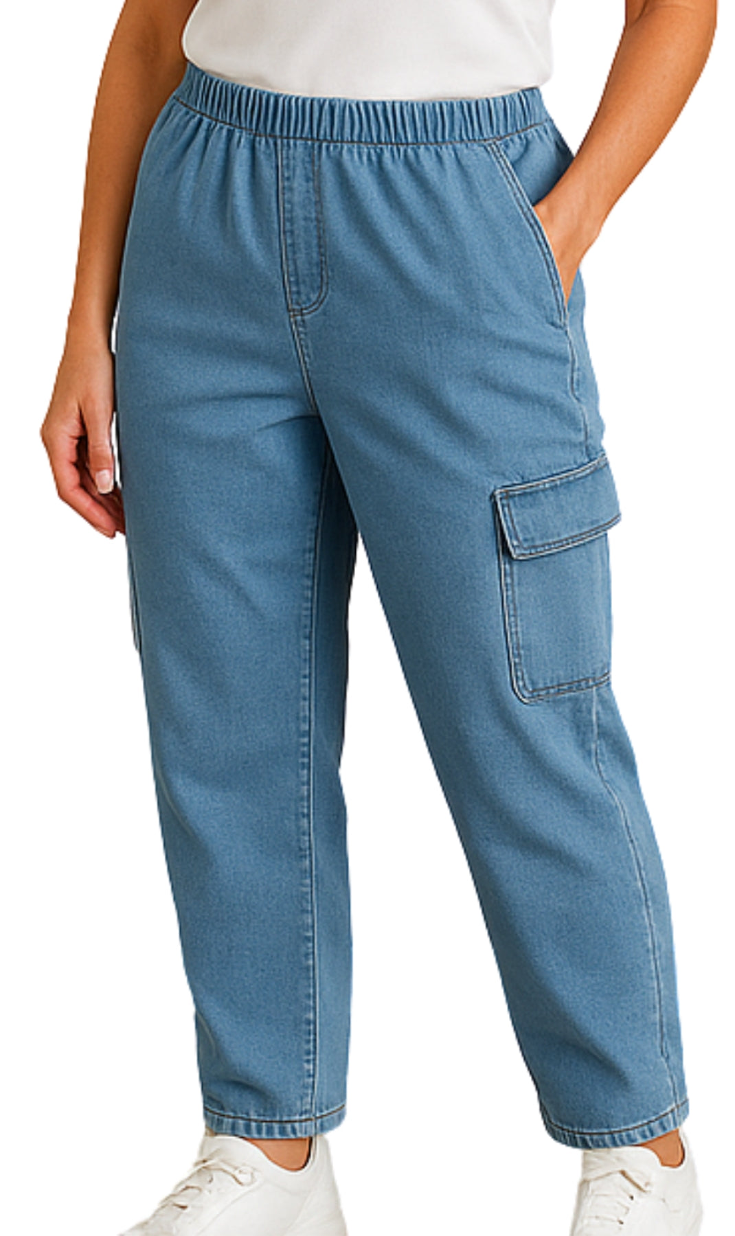 Chambray cargo pants worn by a person on a white background