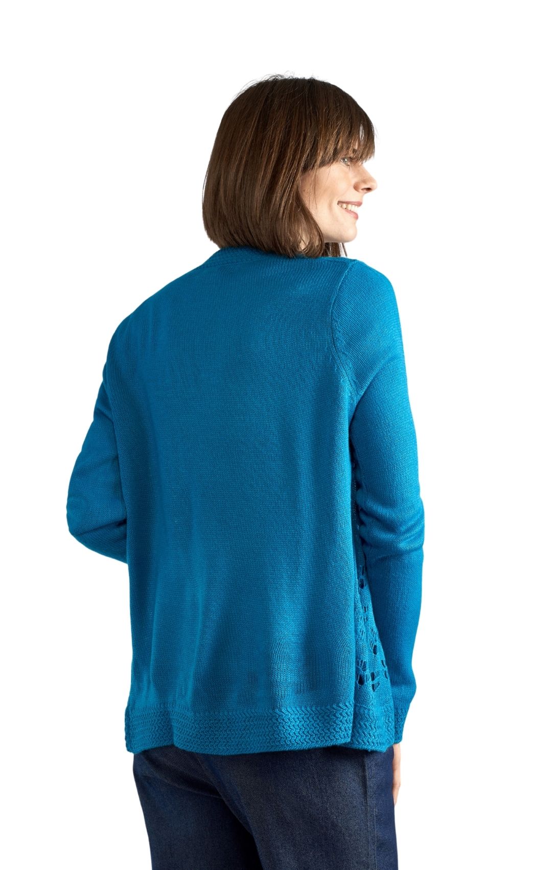 Women's Open Front Curved Hem Pointelle Shrug in Soft Acryllic Teal Back