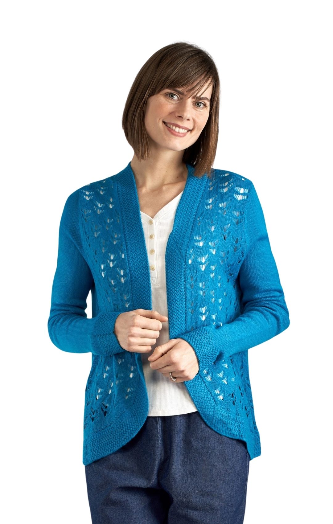 Women's Open Front Curved Hem Pointelle Shrug in Soft Acryllic Teal full