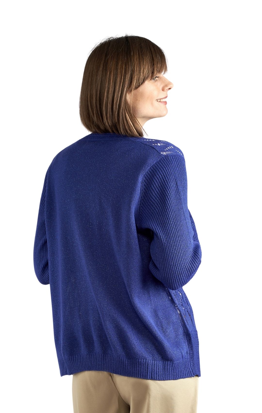 Women's Open Front Glitter Shrug in Soft Acryllic Royal Blue Back