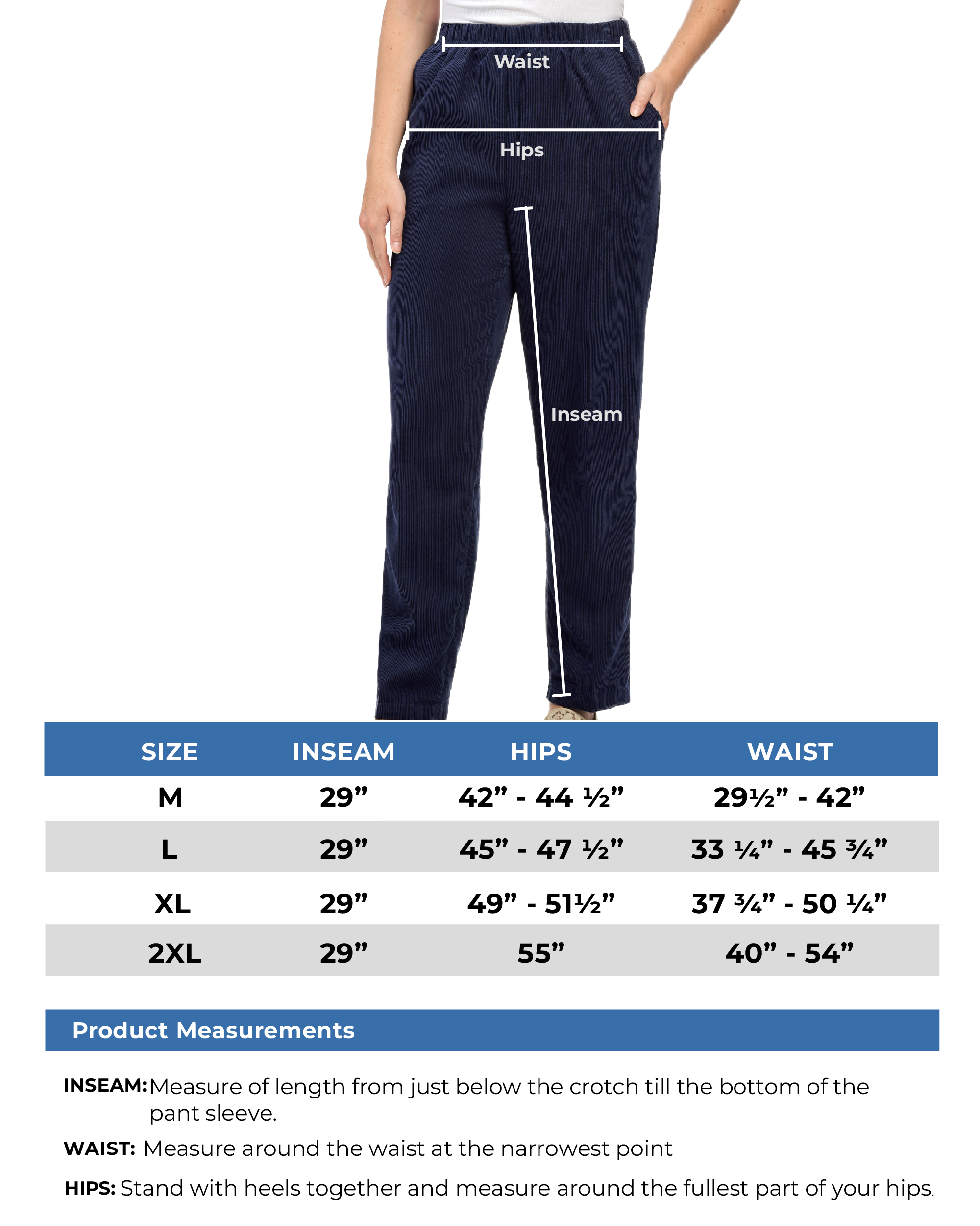 Women's Pull On Corduroy Pants sizechart