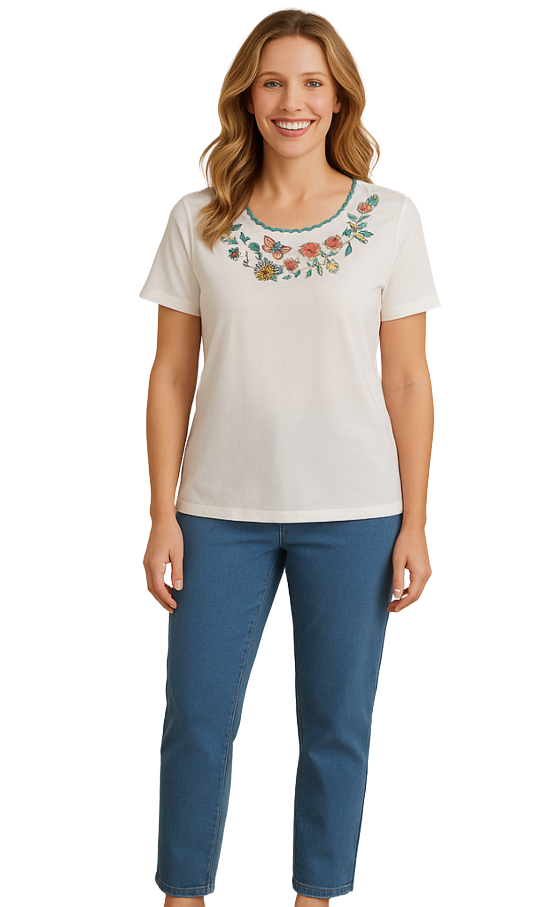 Women's Scalloped Neckline Embellished Tee white Full side