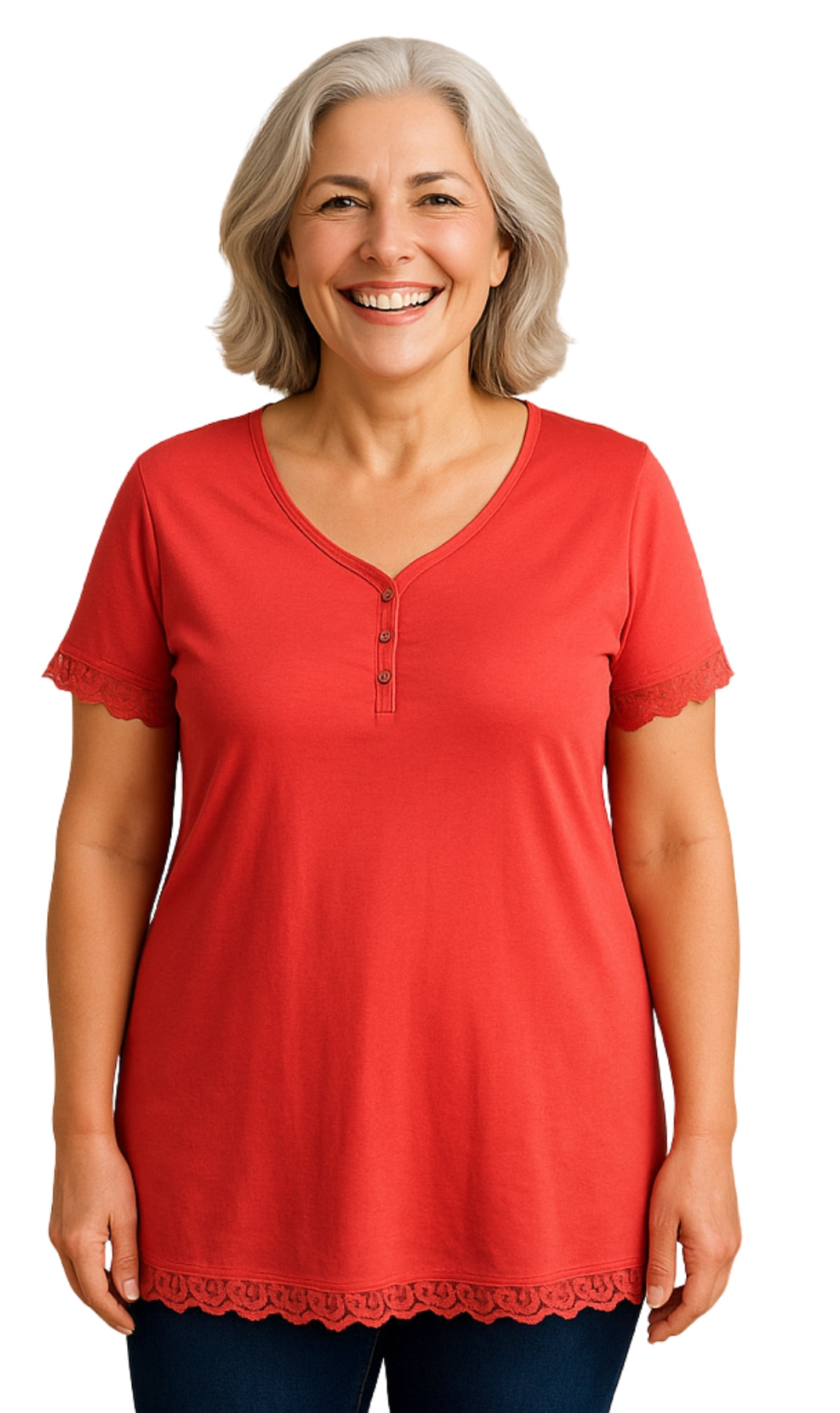 Woman wearing a red short-sleeve top with lace trim on a white background