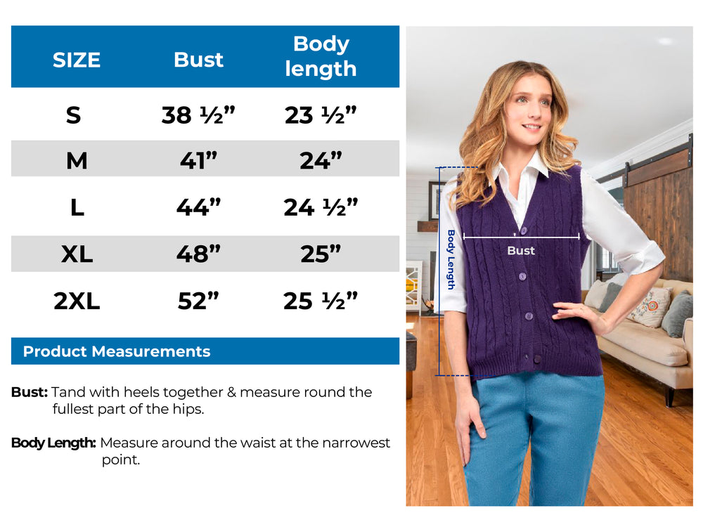 Womens Button Front Cable Knit Cardigan Sweater Vest Size Chart