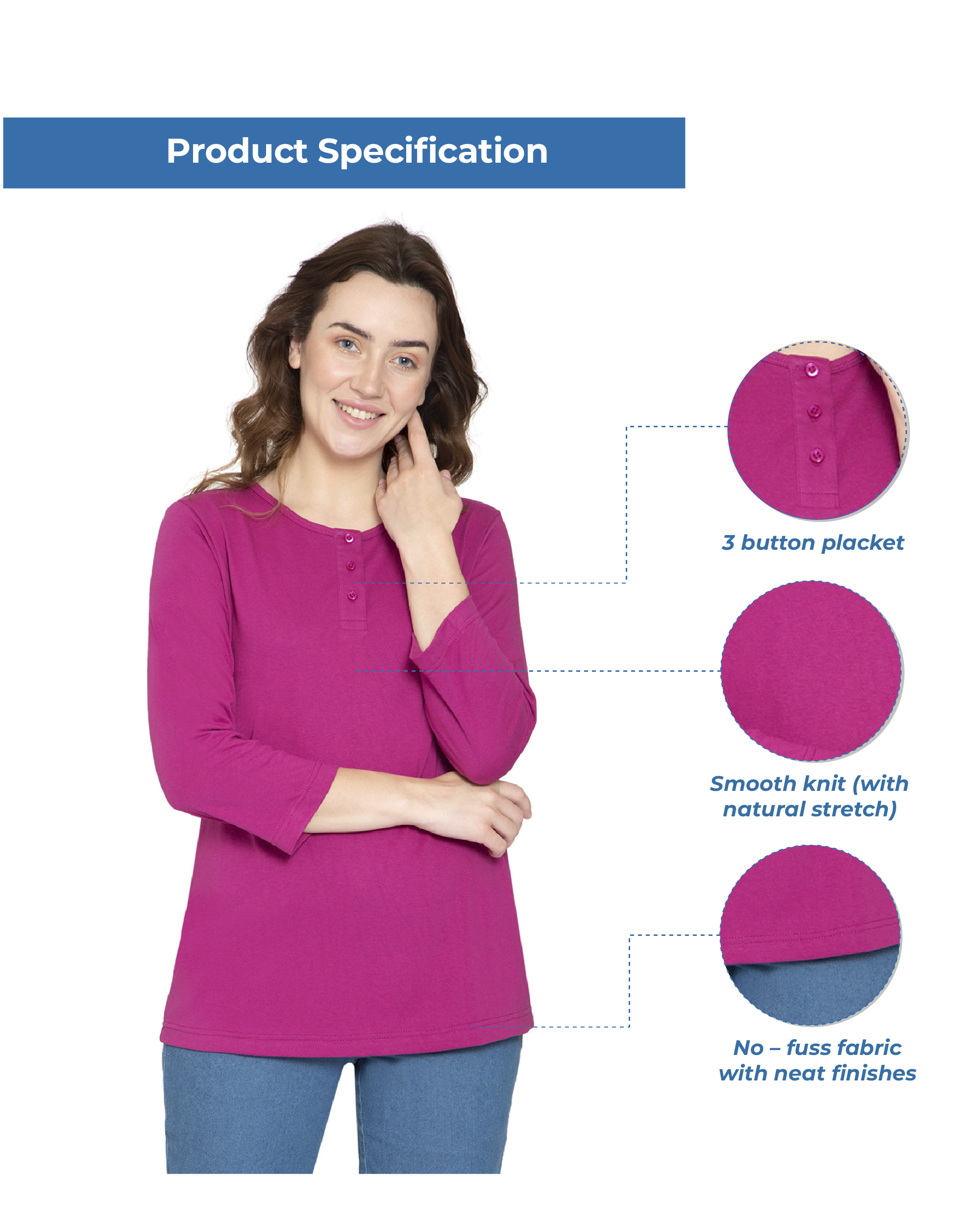 Women's 3/4 sleeves Henley in Cotton Blend with Button Placket 4