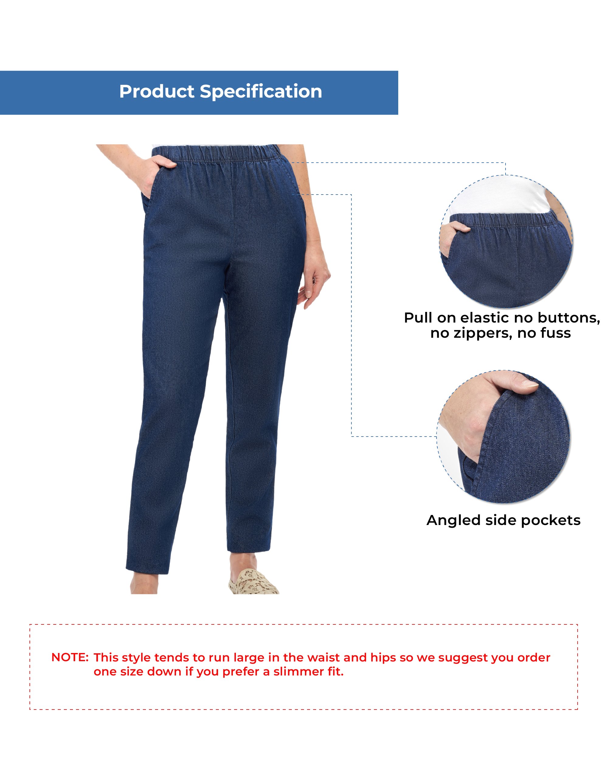 Women's Pull On Denim Jeans - Soft and Lightweight with a Bit of Stretch - Indigo- specification-  TURTLE BAY APPAREL