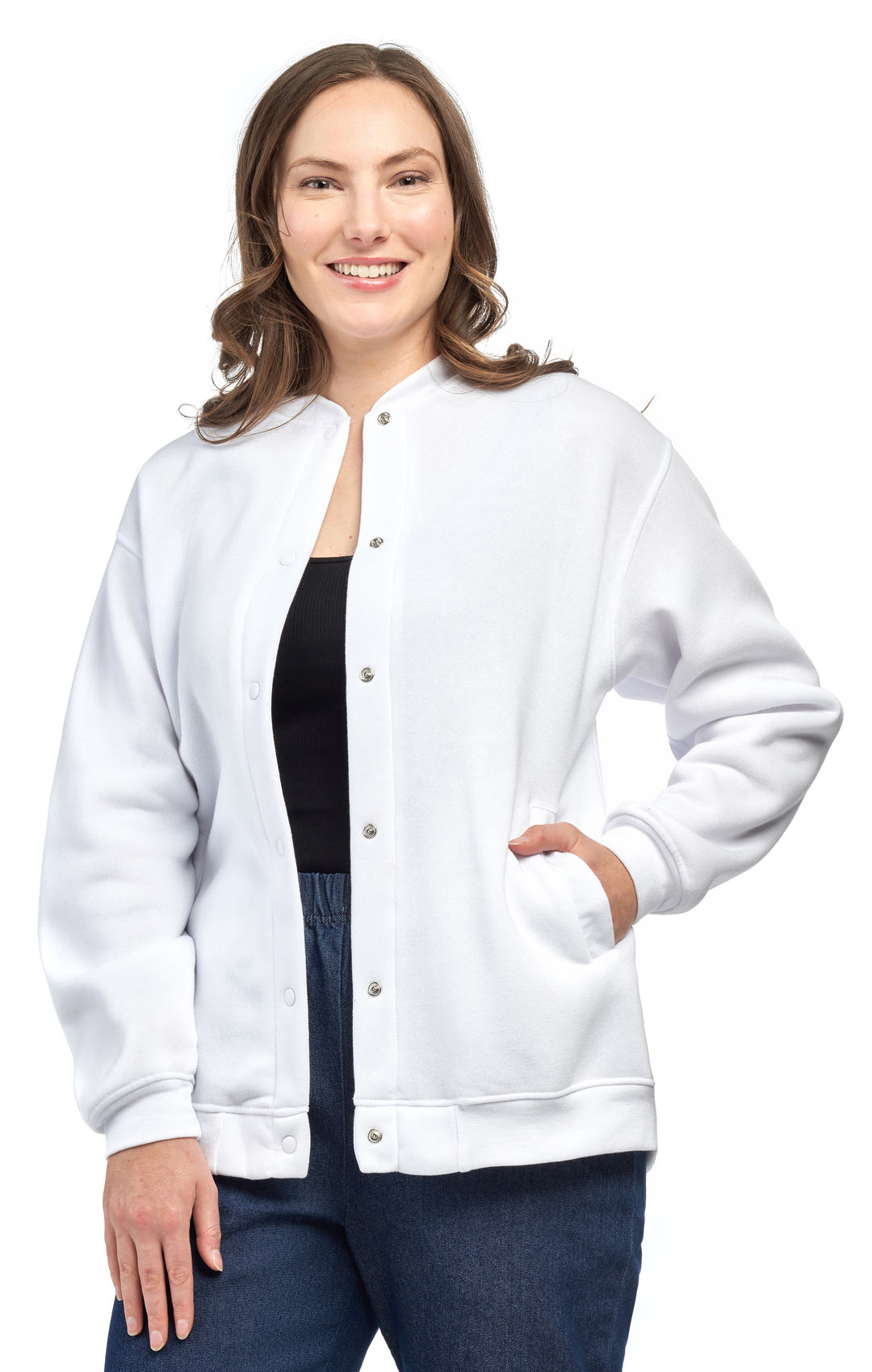 Women's Snap Up Jacket ÔÇô Soft, Fleecy Lining for Three-Season Comfort -White - Front - TURTLE BAY APPAREL