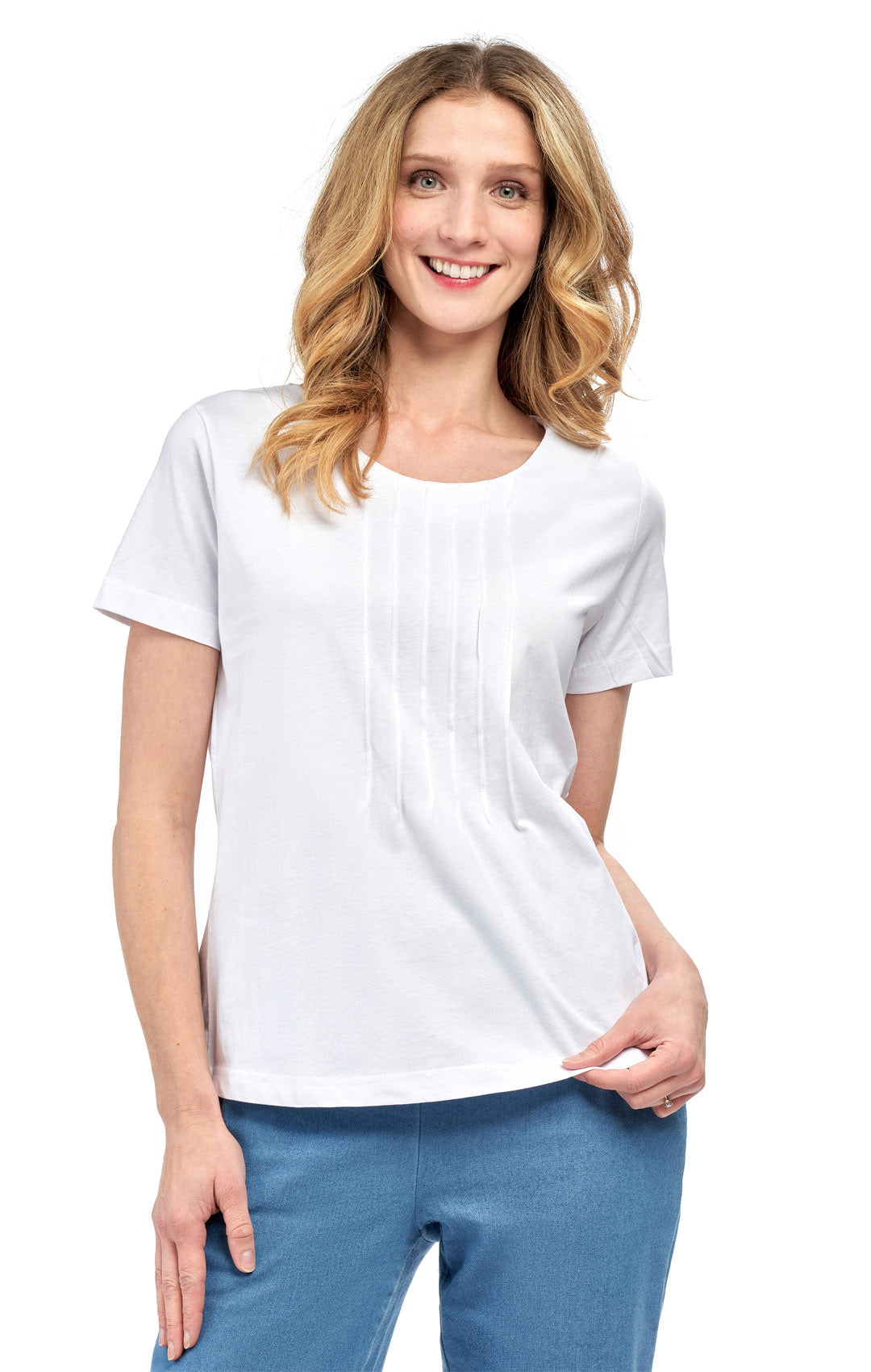 Women's Pintuck Short Sleeve Knit TeeÔÇô A Casual Favorite Goes Uptown - White - Front -  TURTLE BAY APPAREL