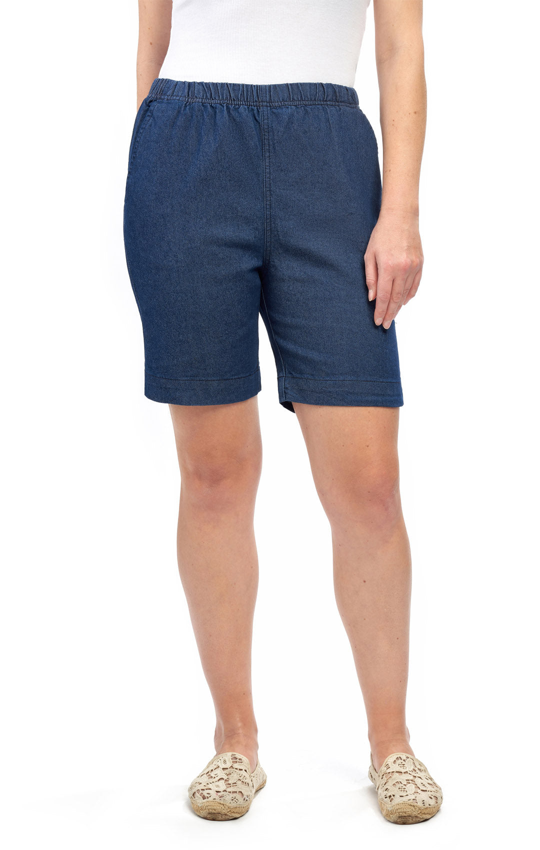 Women's Pull On Denim Shorts ÔÇô Stretch Waist Frees You from Binding Zippers and Buttons - Indigo- Front - TURTLE BAY APPAREL